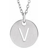 V Initial Disc Adjustable Personalized Necklace in Solid 14K White Gold 