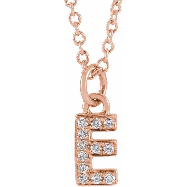 Petite Natural Diamond Initial Pendant Adjustable Necklace Initial E in 14K Rose Gold