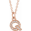Petite Natural Diamond Initial Pendant Adjustable Necklace Initial Q in 14K Rose Gold