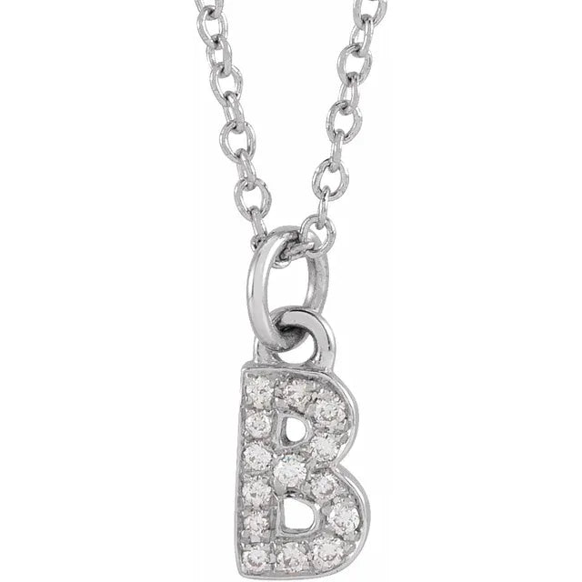 Petite Natural Diamond Initial Pendant Adjustable Necklace Initial B in 14K White Gold