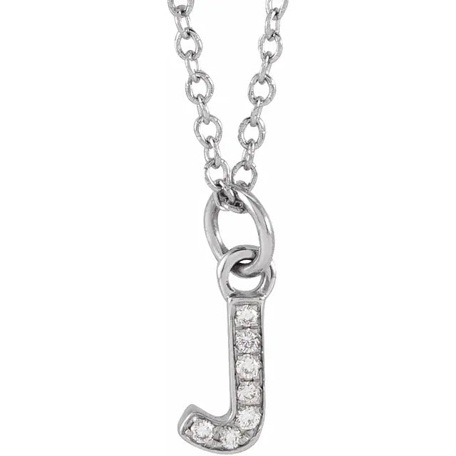 Petite Natural Diamond Initial Pendant Adjustable Necklace Initial J in 14K White Gold