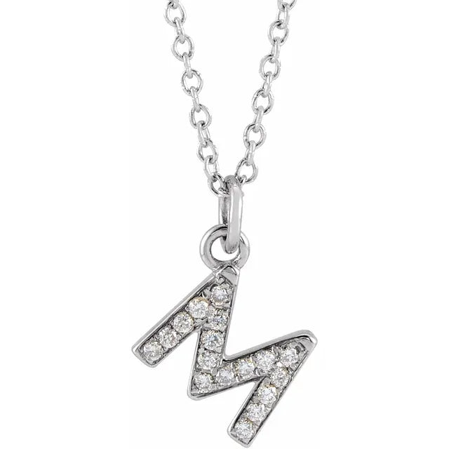 Petite Natural Diamond Initial Pendant Adjustable Necklace Initial M in 14K White Gold