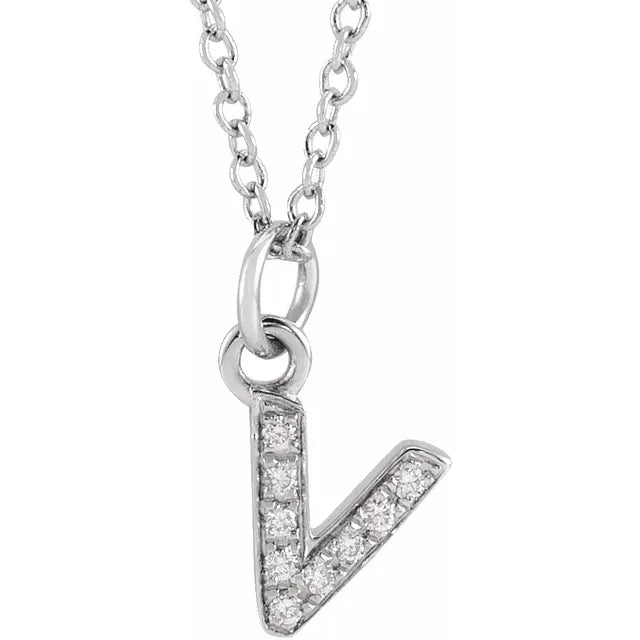Petite Natural Diamond Initial Pendant Adjustable Necklace Initial V in 14K White Gold