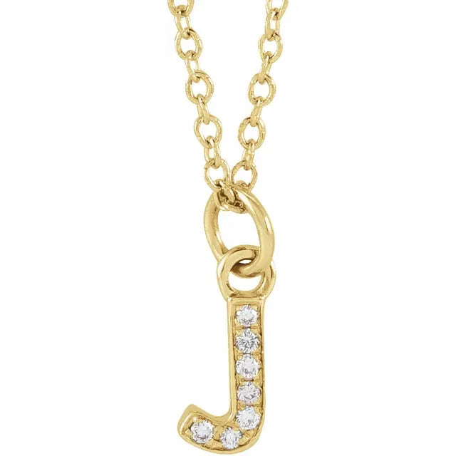Petite Natural Diamond Initial Pendant Adjustable Necklace Initial J in 14K Yellow Gold