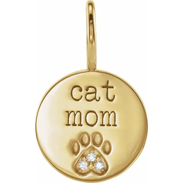 Proud Cat Mom Diamond Engraved Paw Print Charm Pendant 14K Yellow Gold 