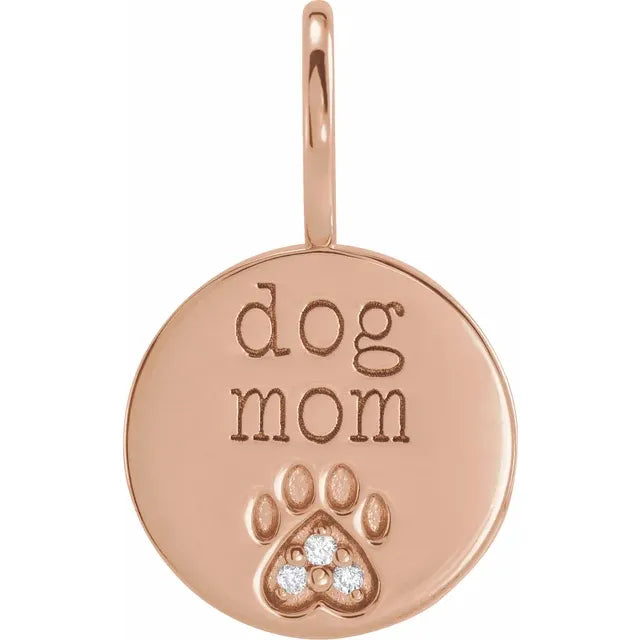 Proud Dog Mom Diamond Engraved Paw Print Charm Pendant 14K Rose Gold 