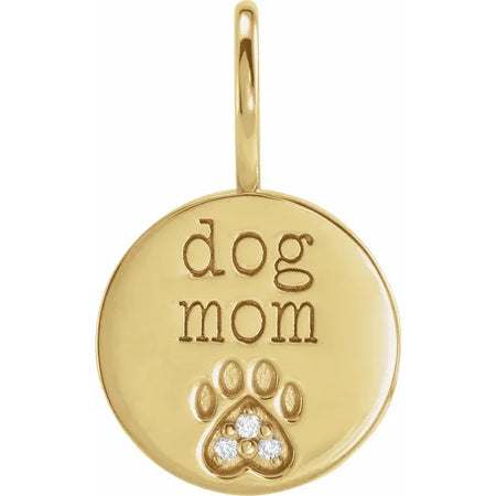 Proud Dog Mom Diamond Engraved Paw Print Charm Pendant 14K Yellow Gold 