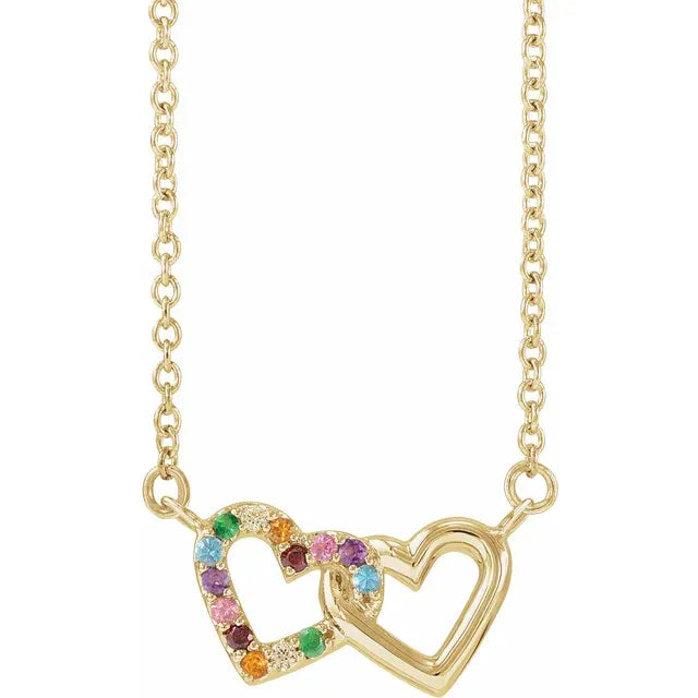 Natural Multi-Gemstone Interlocking Hearts 18" Necklace 14K Yellow White Rose Gold