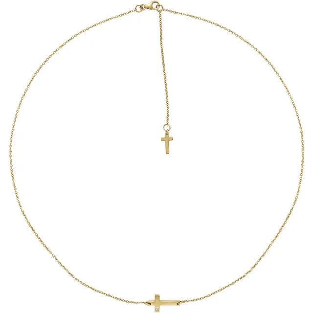Centered Sideways Natural Diamond Adjustable Cross Necklace in 14K Yellow Gold
