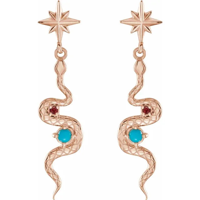 Celestial Dangle Snake Natural Turquoise Ruby Earrings in 14K Rose Gold