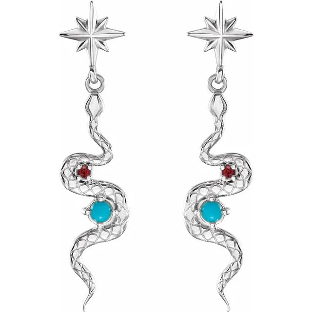 Celestial Dangle Snake Natural Turquoise Ruby Earrings in 14K White Gold