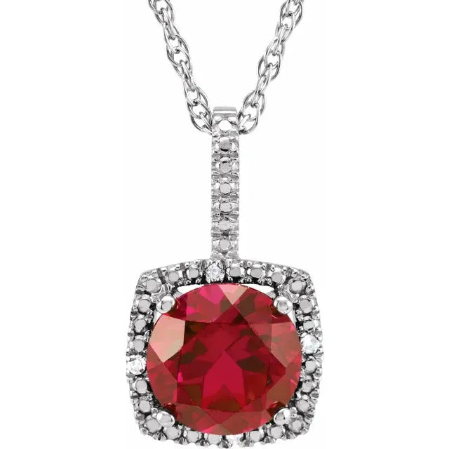 Statement Birthstone Lab-Grown Ruby & Diamond Halo Sterling Silver Necklace