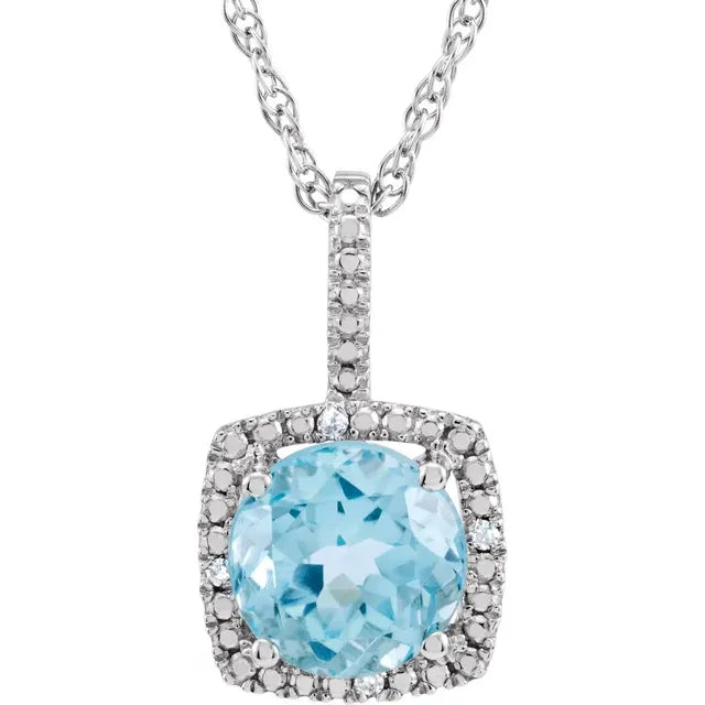 Statement Birthstone Natural Sky Blue Topaz & Diamond Halo Sterling Silver Necklace