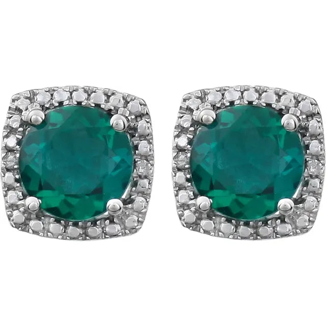 Statement Birthstone Lab-Grown Emerald & Diamond Halo Sterling Silver Earrings