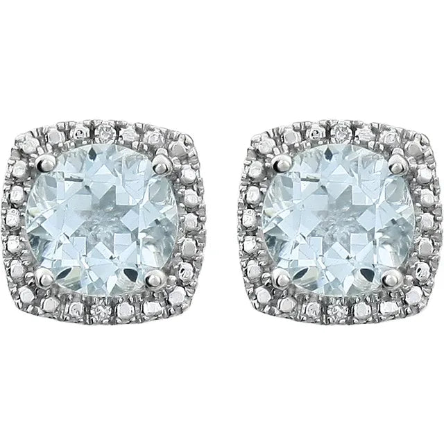 Statement Birthstone Natural Aquamarine & Diamond Halo Sterling Silver Earrings