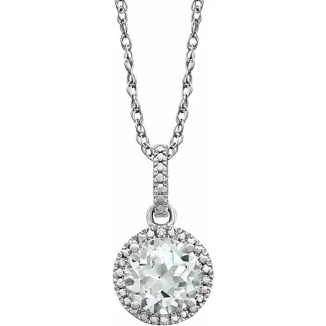 Sterling Silver Round Birthstone Lab-Grown White Sapphire Diamond Halo 18" Necklace