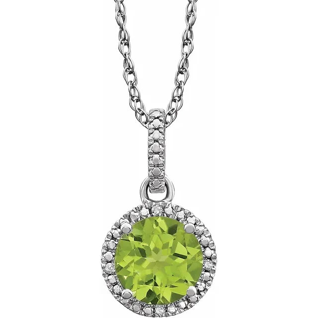 Sterling Silver Round Birthstone Natural Peridot Diamond Halo 18" Necklace