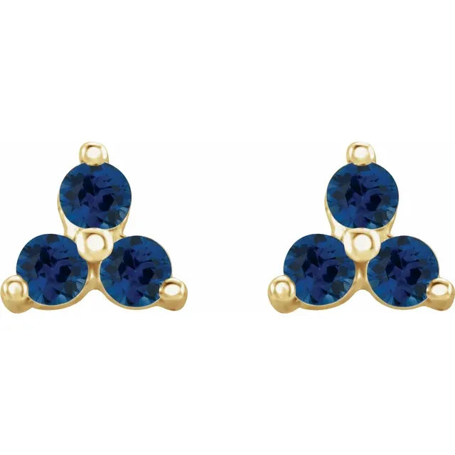Blue Sapphire Three Stone Zodiac Natural Gemstone Stud Earrings in 14K Yellow Gold 