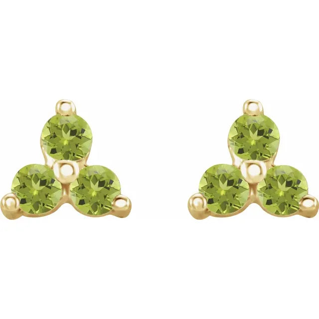 Peridot Three Stone Zodiac Natural Gemstone Stud Earrings in 14K Yellow Gold 