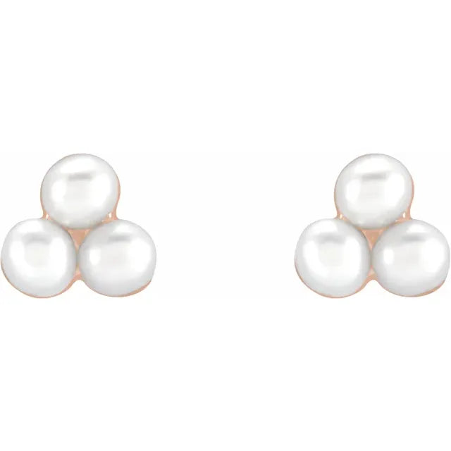 Trio Cluster Cultured Pearl Dainty Stud Earrings in 14K Rose Gold 