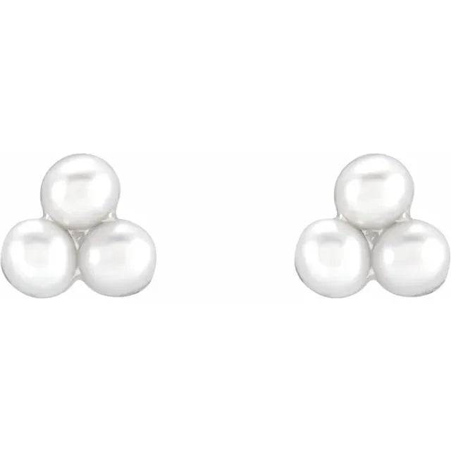Trio Cluster Cultured Pearl Dainty Stud Earrings in 14K White Gold 
