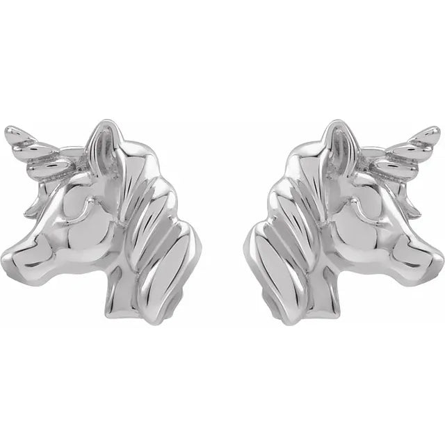 I Love Unicorns Stud Earrings in 14K White Gold or Sterling Silver
