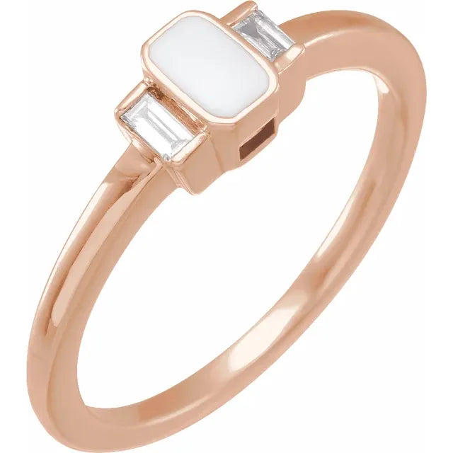 Art Deco Style White Enamel & Natural Diamond Ring in 14K Rose Gold