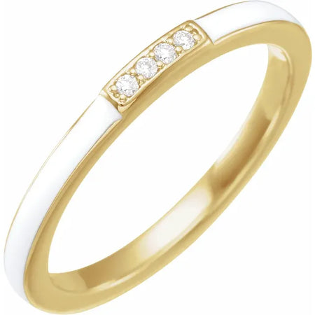 White Enamel & Natural Diamond Stackable Ring in 14K Yellow Gold 