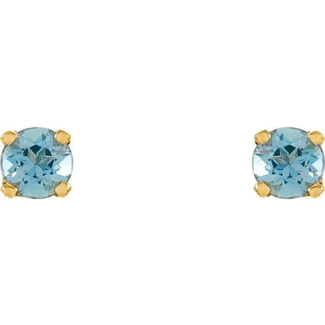 Youth Birthstone Stud Earrings 3 MM Round Natural Blue Zircon 14K Yellow Gold