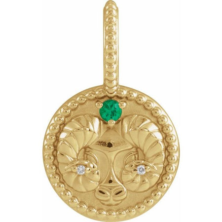 Natural Diamond and Emerald Zodiac Aries Charm Pendant 14K Yellow Gold