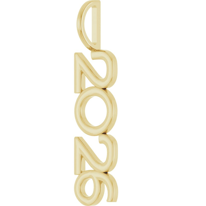 Gold pendant with '2026' engraved on a white background