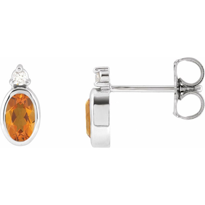 Citrine Oval Bezel Set Diamond Stud Earrings Solid 14K Gold