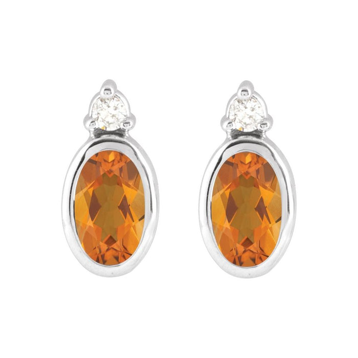 Citrine Oval Bezel Set Diamond Stud Earrings Solid 14K Gold