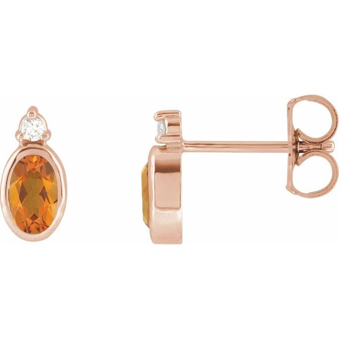 Citrine Oval Bezel Set Diamond Stud Earrings Solid 14K Gold