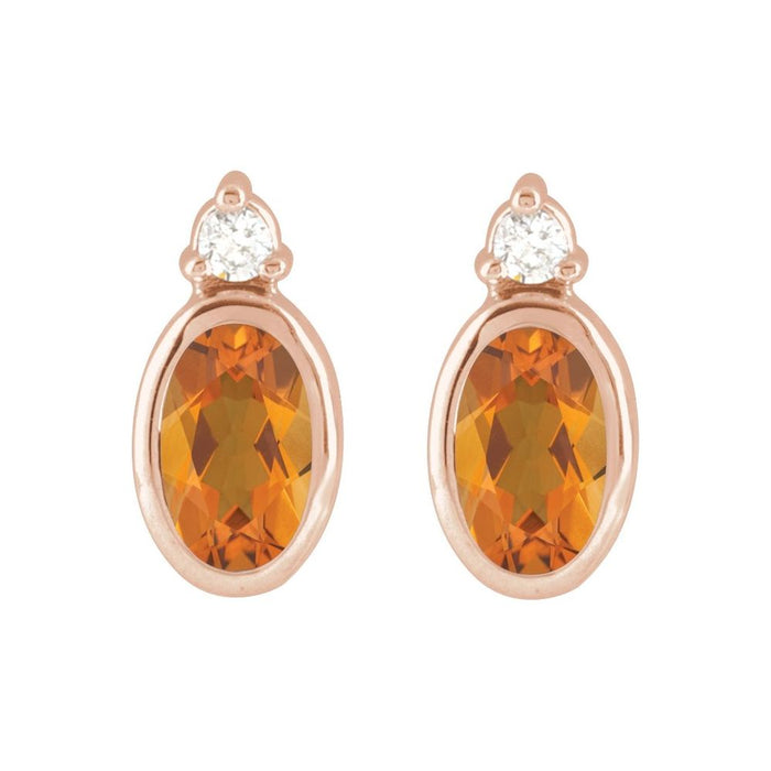 Citrine Oval Bezel Set Diamond Stud Earrings Solid 14K Gold