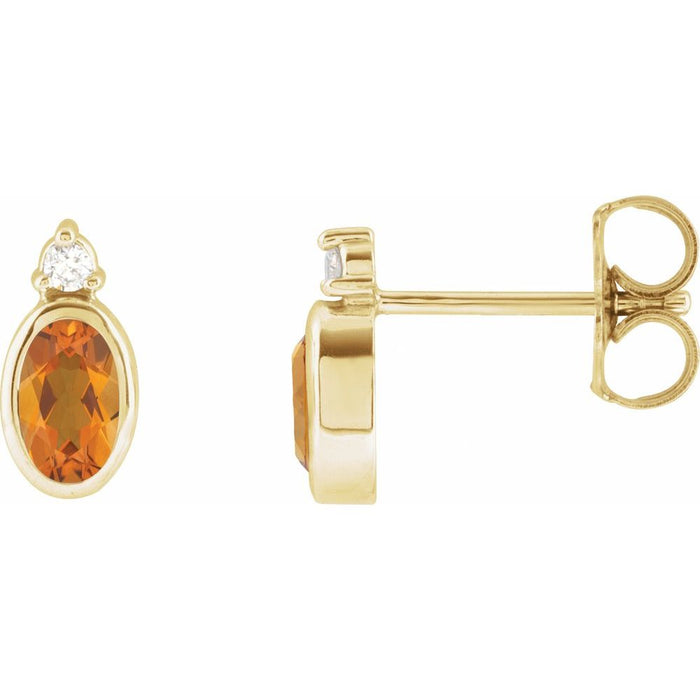 Citrine Oval Bezel Set Diamond Stud Earrings Solid 14K Gold