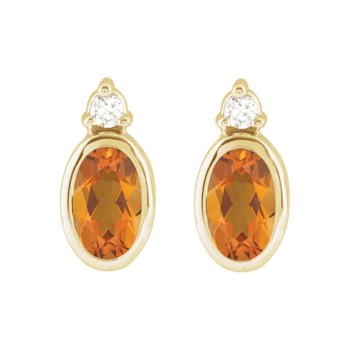 Citrine Oval Bezel Set Diamond Stud Earrings Solid 14K Gold