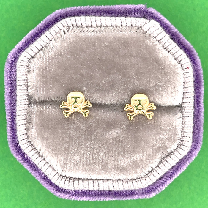 Petite Skull & Crossbones Stud Earrings in Solid 14K Yellow Gold 