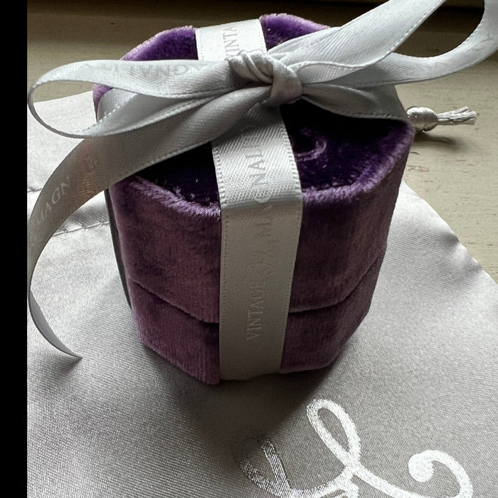 Custom handmade silk velvet ring box with branded satin ribbon and satin jewelry bag