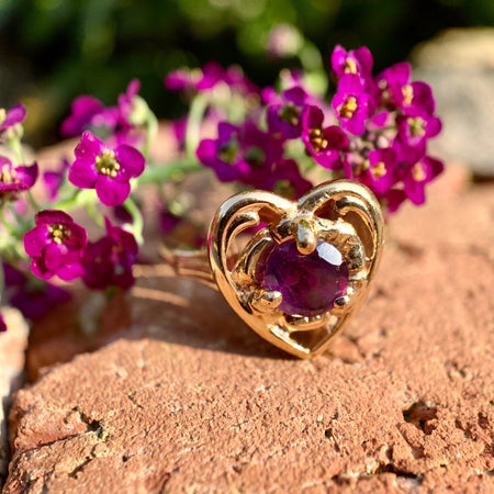 Vintage Amethyst Heart Motif Ring Solid 14K Yellow Gold Size 5.75