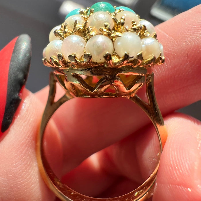 Vintage Statement Ring Turquoise & Pearl 18K Yellow Gold Size 7.0