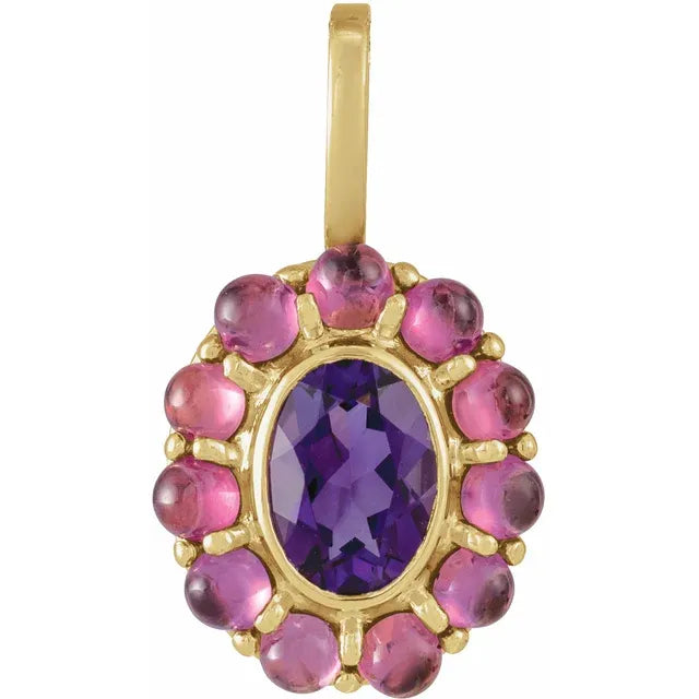 Duo Gemstone Amethyst Rhodolite Garnet Pendant Solid 14K Gold 