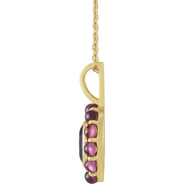 Duo Gemstone Amethyst Rhodolite Garnet Pendant Necklace Solid 14K Gold 