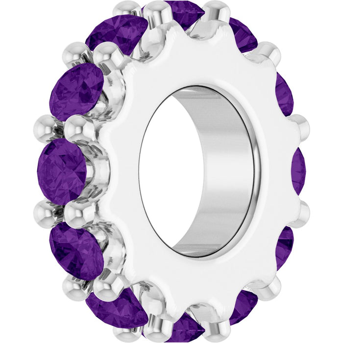 White gold charm with purple gemstones on a white background