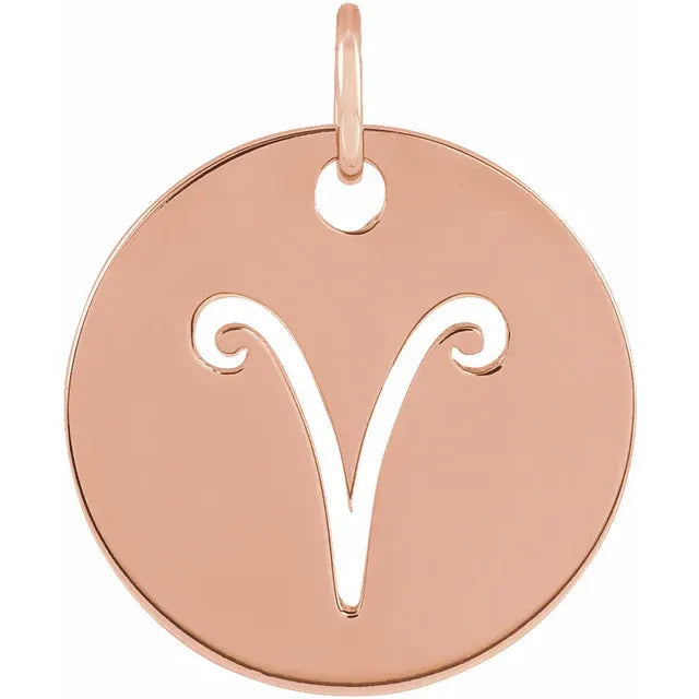 Aries Zodiac Sign Disc Charm Pendant Solid 14K Rose Gold