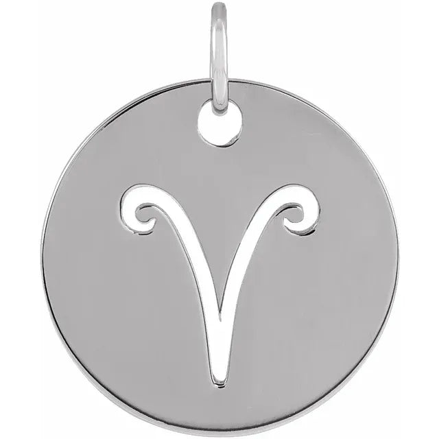 Aries Zodiac Sign Disc Charm Pendant Solid White Gold