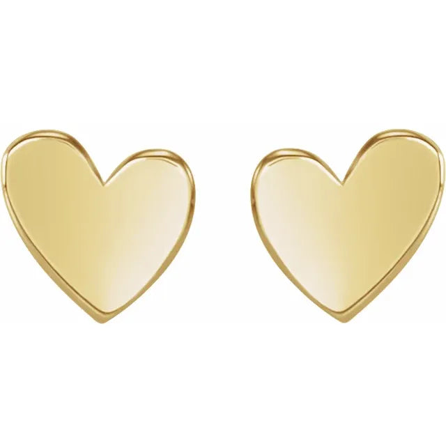 Asymmetrical Heart Stud Earrings Solid 14K Yellow Gold 
