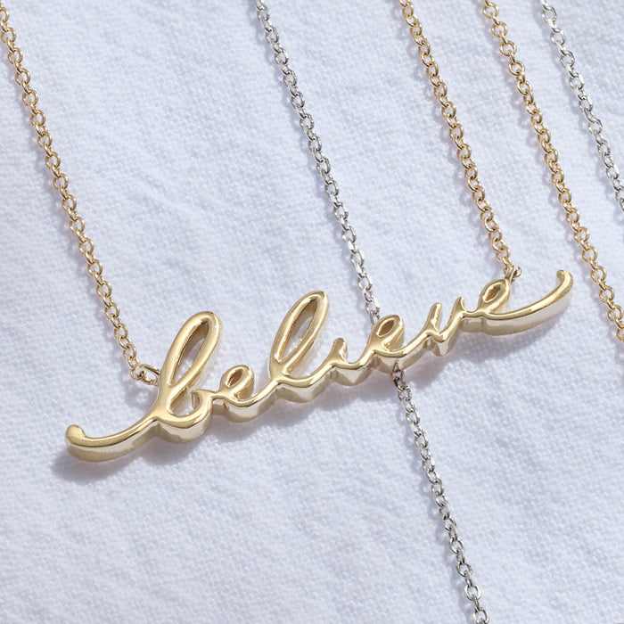 Believe Script Necklace Solid 14K Gold or Sterling Silver
