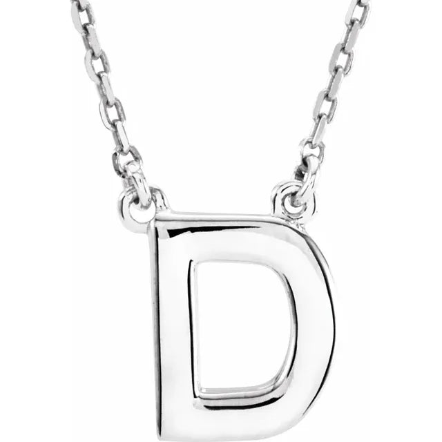 Uppercase Block Letter D Initial Pendant Necklace 16" Solid 14K White Gold or Sterling Silver