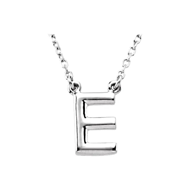 Uppercase Block Letter E Initial Pendant Necklace 16" Solid 14K White Gold or Sterling Silver